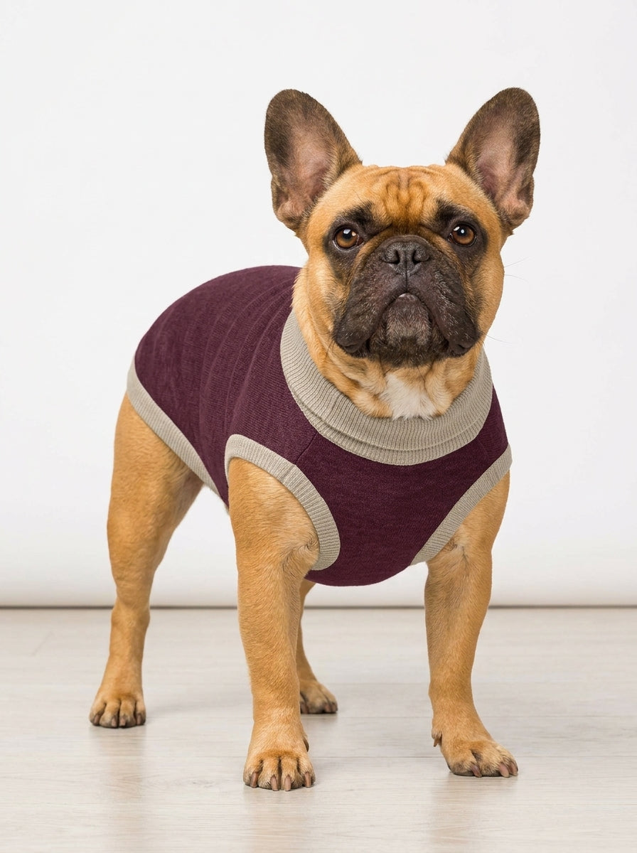 Public Pups Classic Knitted Dog Sweater in Maroon and Taupe - front view on French Bulldog