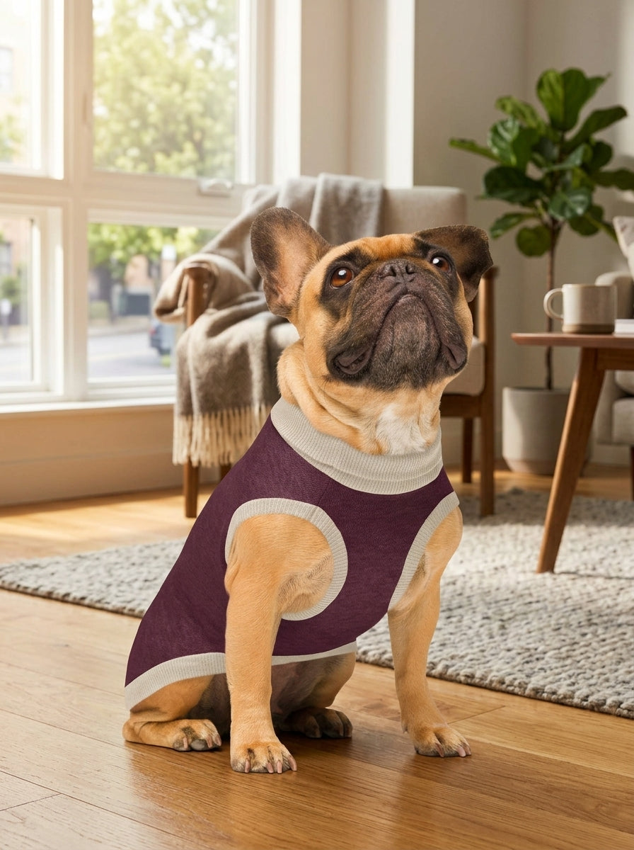 Public Pups Classic Knitted Dog Sweater in Maroon and Taupe - lifestyle living room view