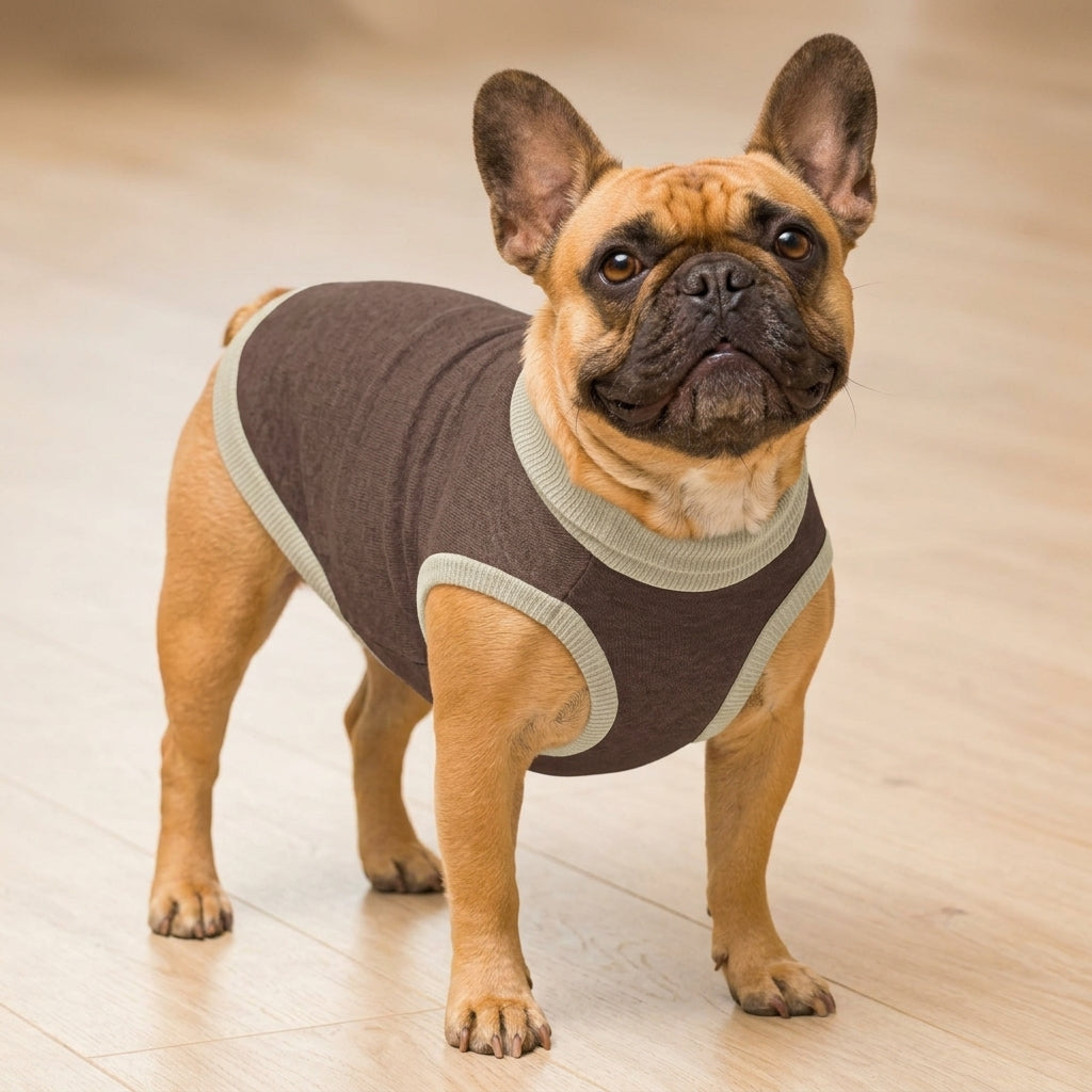 Small dog wearing brown and beige knitted sweater