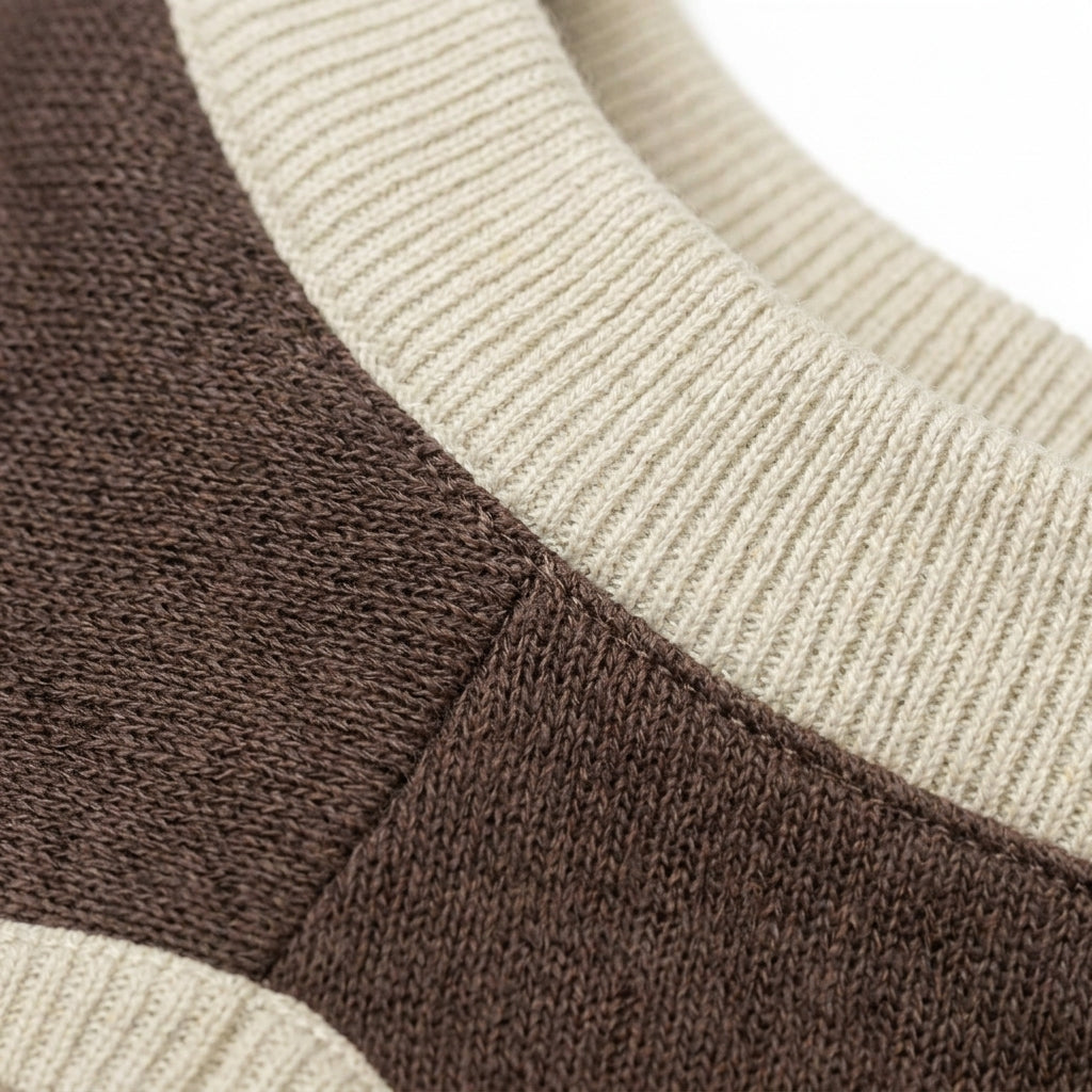 Knitted pet sweater fabric weave and beige ribbed trim detail