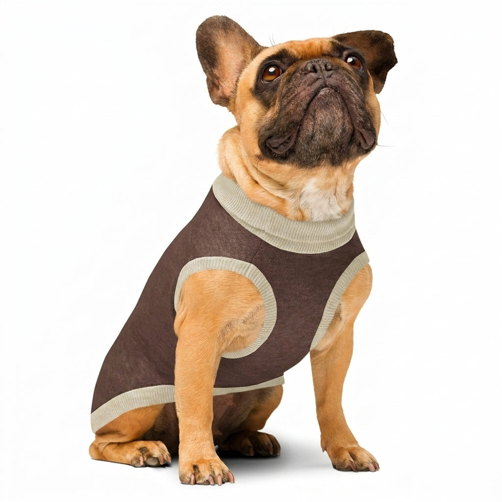 Brown and beige knitted pet sweater studio hero shot on white background