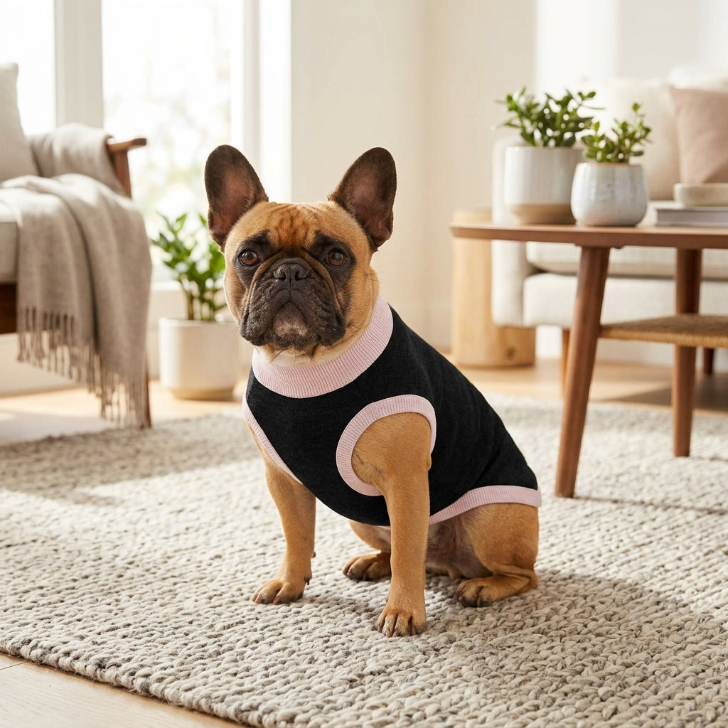 Knitted pet sweater Black and Pink lifestyle living room scene