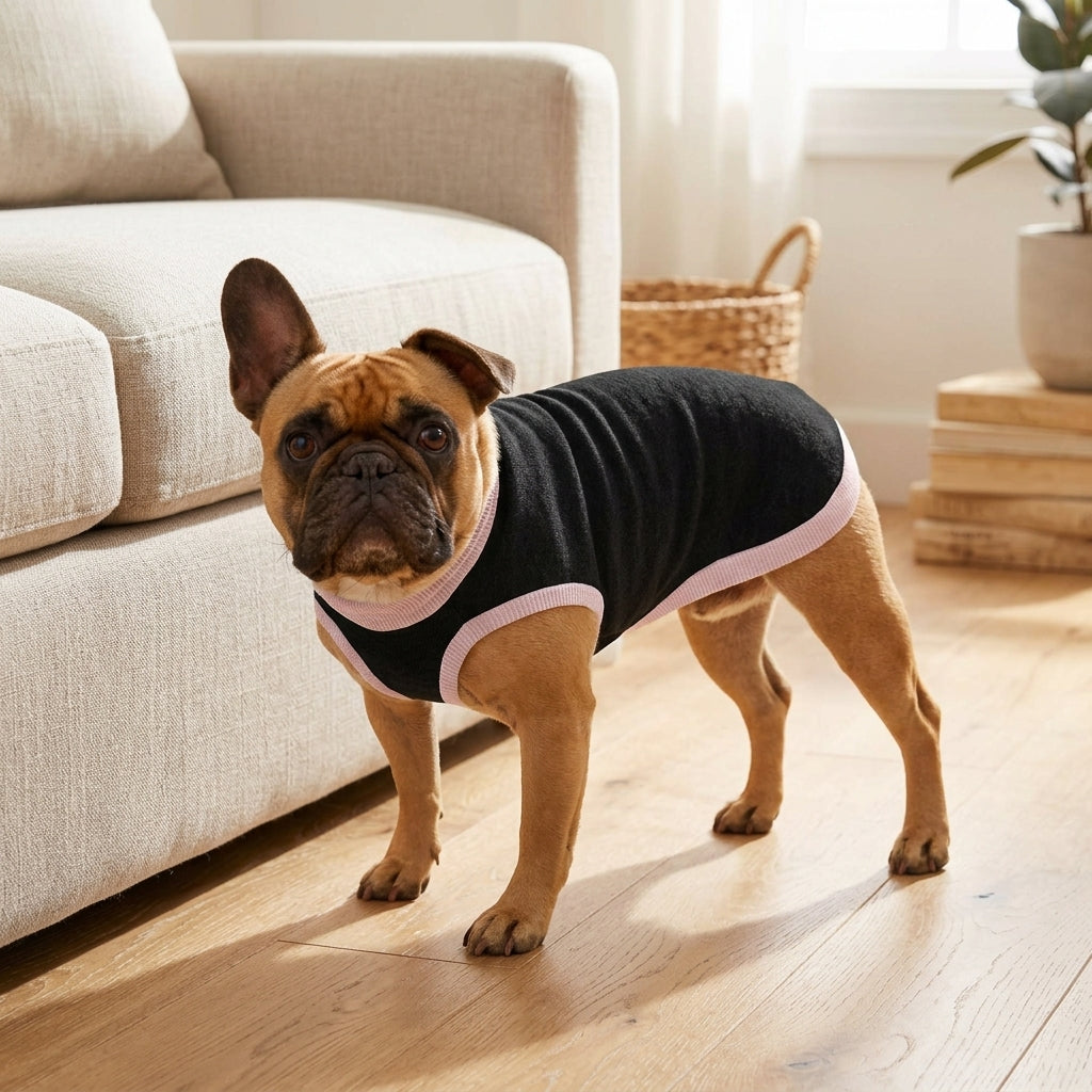 Knitted pet sweater Black and Pink cozy interior lifestyle scene