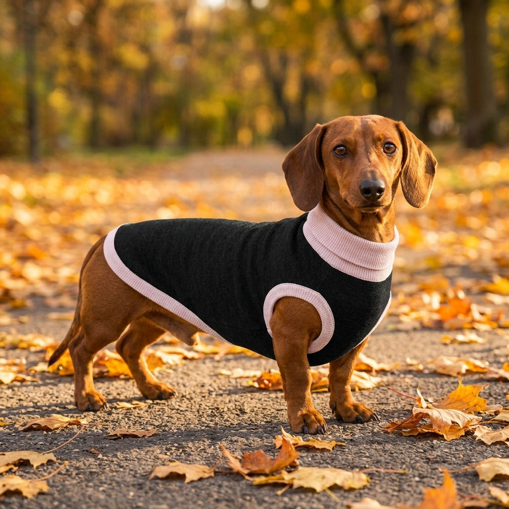 Knitted pet sweater on Dachshund in autumn park lifestyle scene