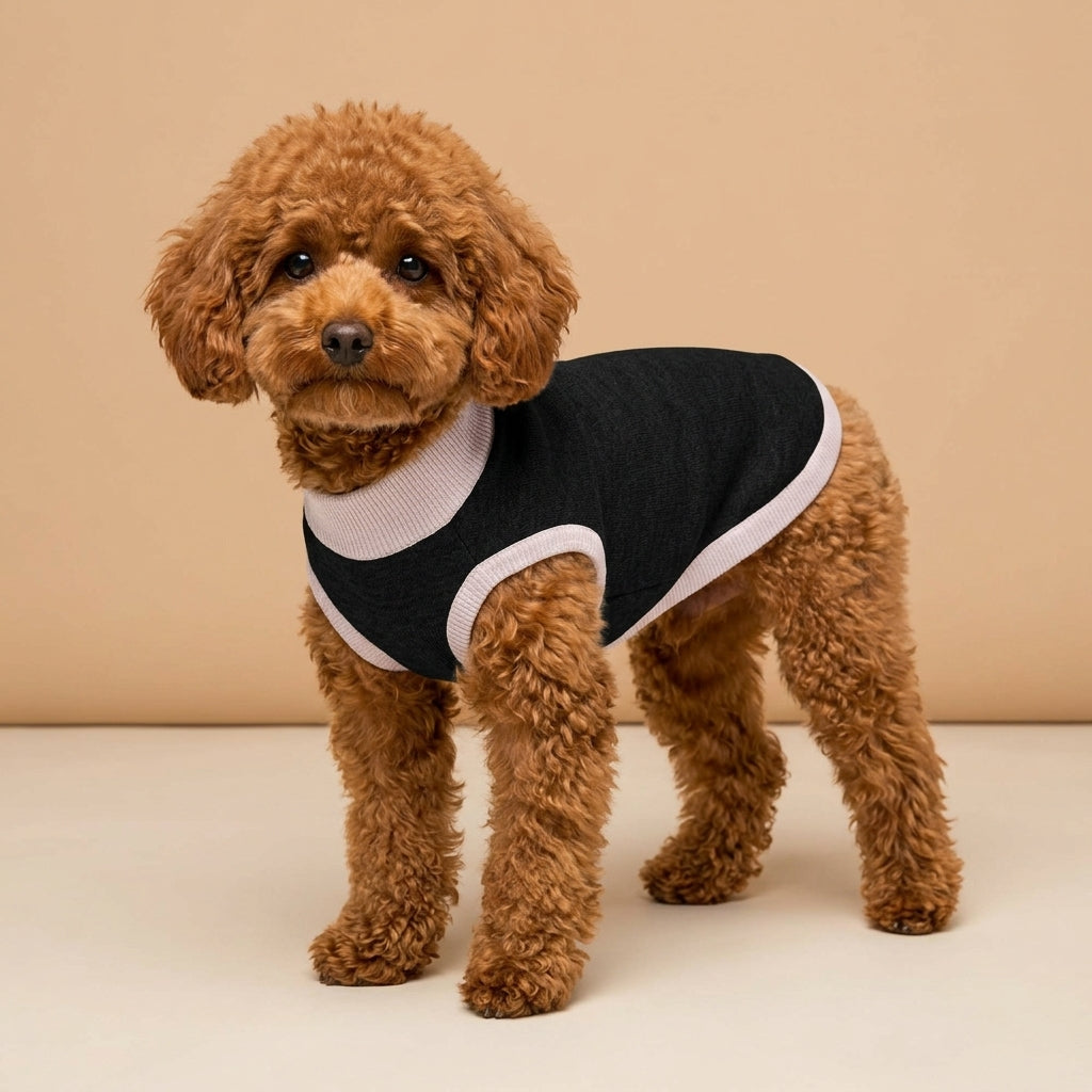 Knitted pet sweater on Toy Poodle in minimalist studio scene