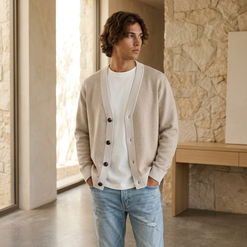 Public Prep Classic Knitted Cardigan in Coco & Cream - On-Model View