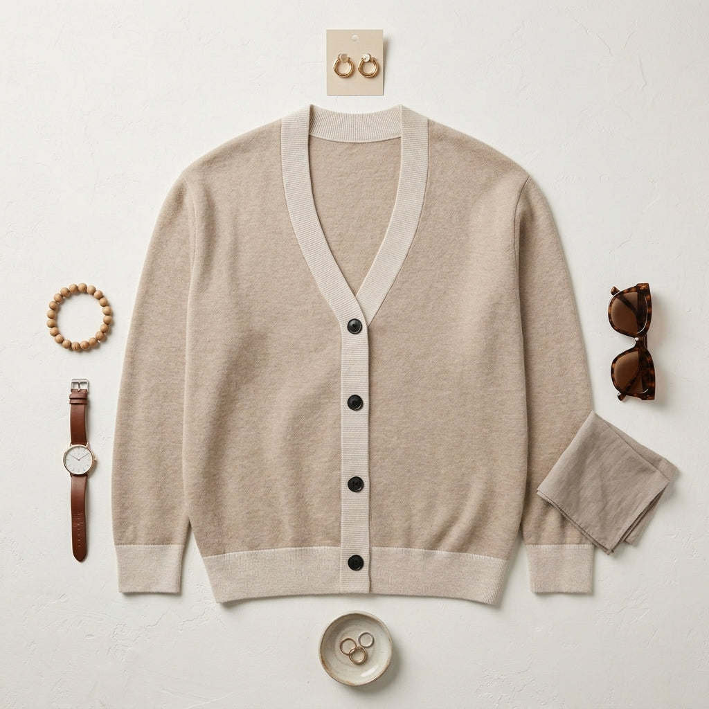 Public Prep Classic Knitted Cardigan in Coco & Cream - Flat Lay Outfit Styling