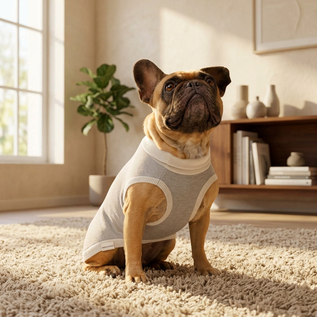 French Bulldog wearing Coco & Cream knitted dog sweater in a cozy sunlit living room