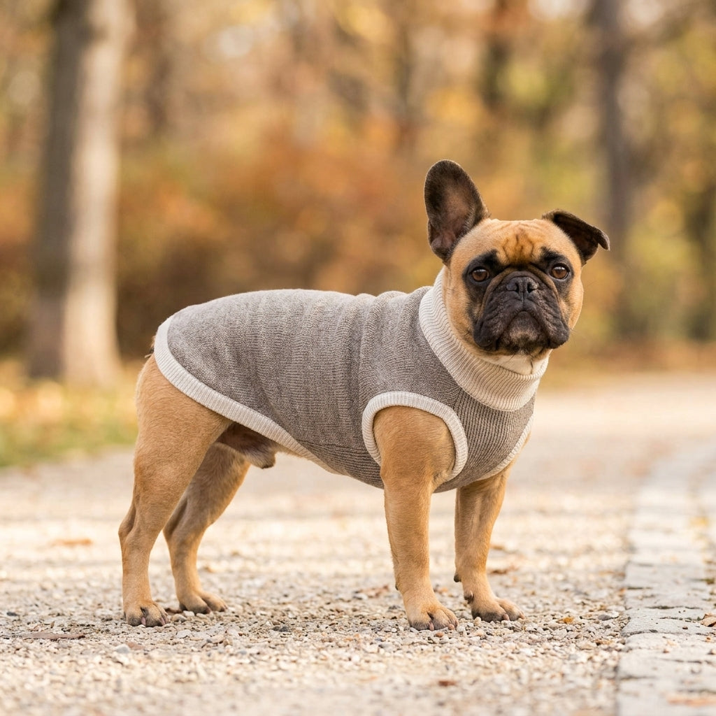 French Bulldog wearing Coco & Cream knitted pet sweater on an autumn park path