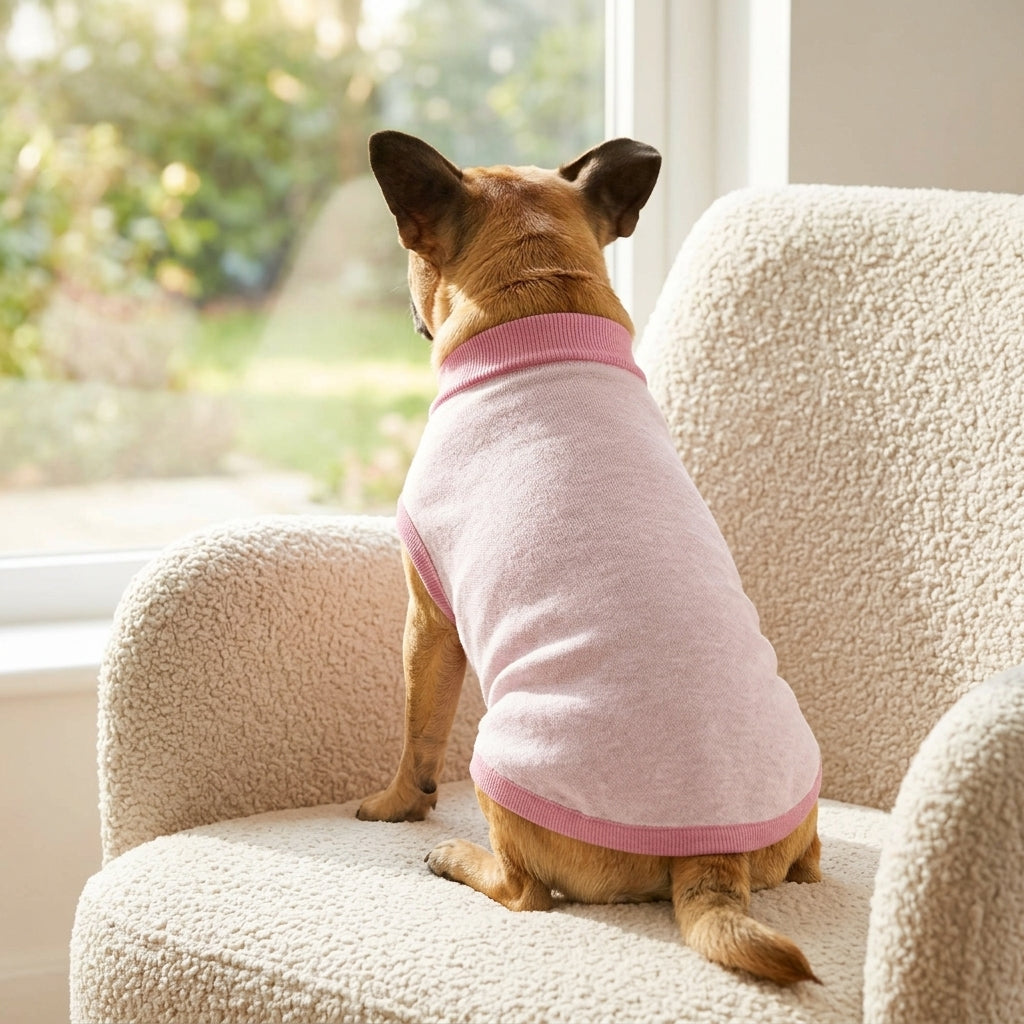 Dog wearing Public Pups Classic Knitted Dog Sweater in cozy living room lifestyle scene