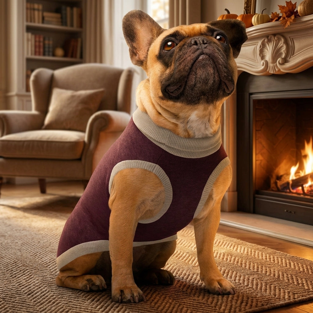 Public Pups Classic Knitted Dog Sweater in Maroon and Taupe - cozy fireplace hearth lifestyle