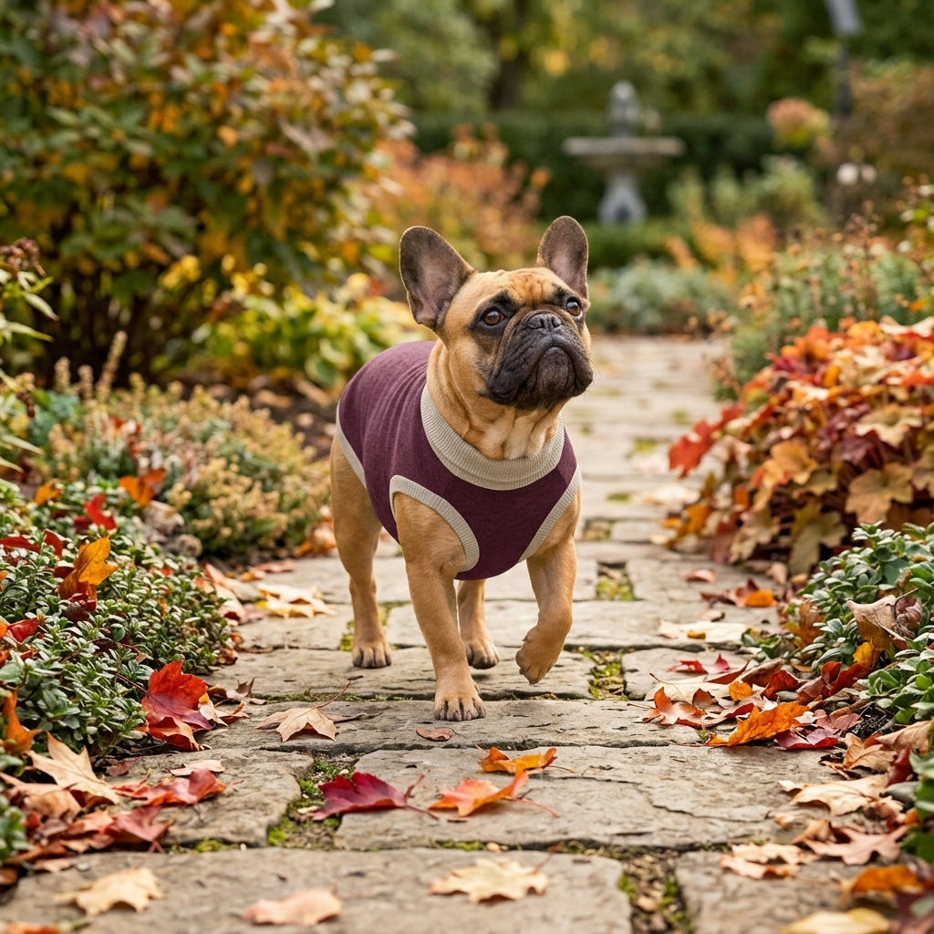Public Pups Classic Knitted Dog Sweater in Maroon and Taupe - autumn outdoor walk lifestyle