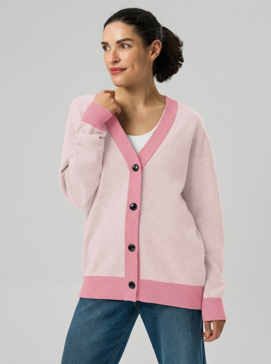 Angled look try-on of Public Prep Classic Knitted Cardigan in Light & Bubble Gum Pink