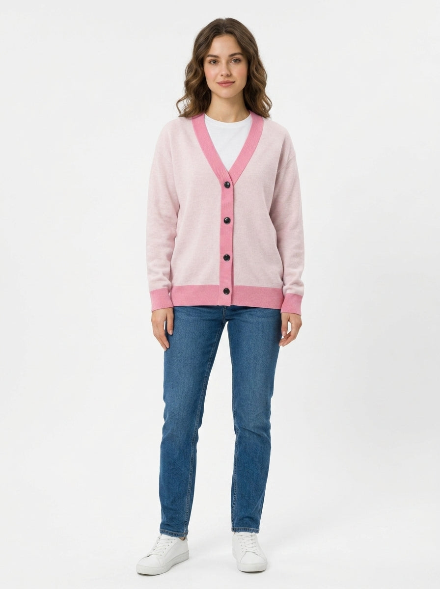 Front full look try-on of Public Prep Classic Knitted Cardigan in Light & Bubble Gum Pink