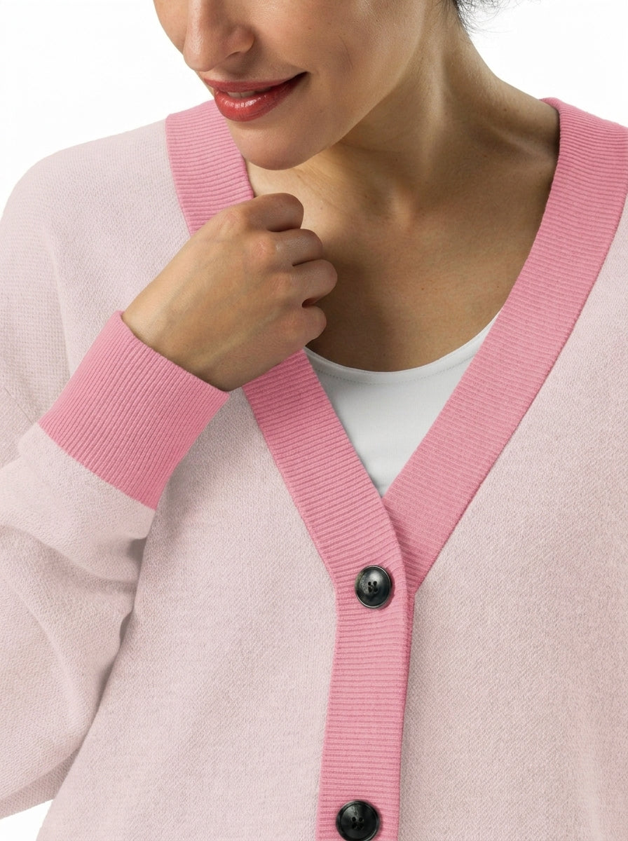 Close-up detail shot of Public Prep Classic Knitted Cardigan in Light & Bubble Gum Pink