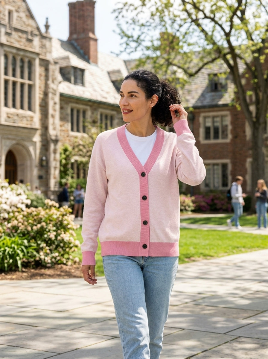 Lifestyle scene try-on of Public Prep Classic Knitted Cardigan in Light & Bubble Gum Pink