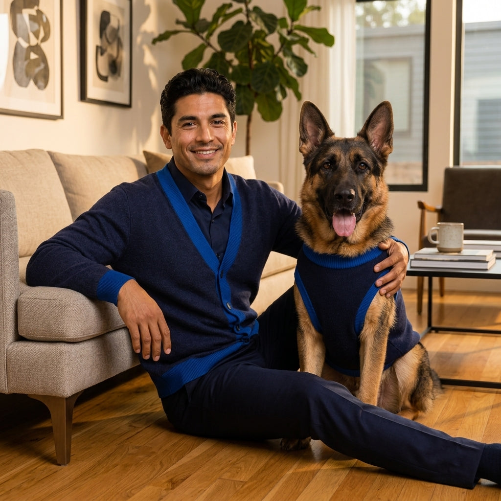 Owner and dog wearing matching navy and Yale blue knit sweaters at home
