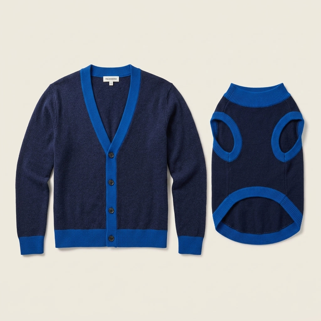 Packmates matching knit set with navy and Yale blue cardigan and dog sweater in studio display