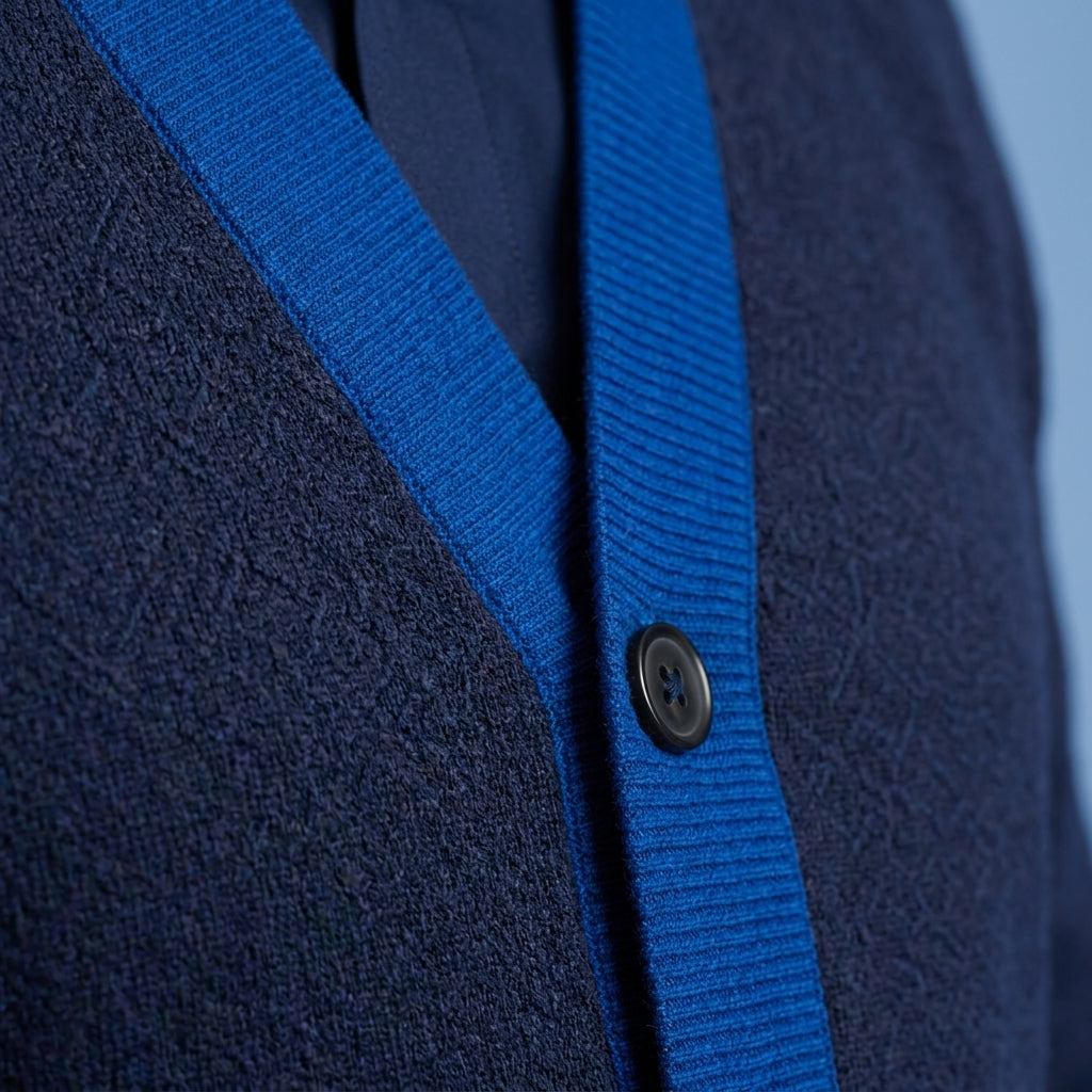 Close-up texture of navy cotton-blend knit and Yale blue ribbed trim