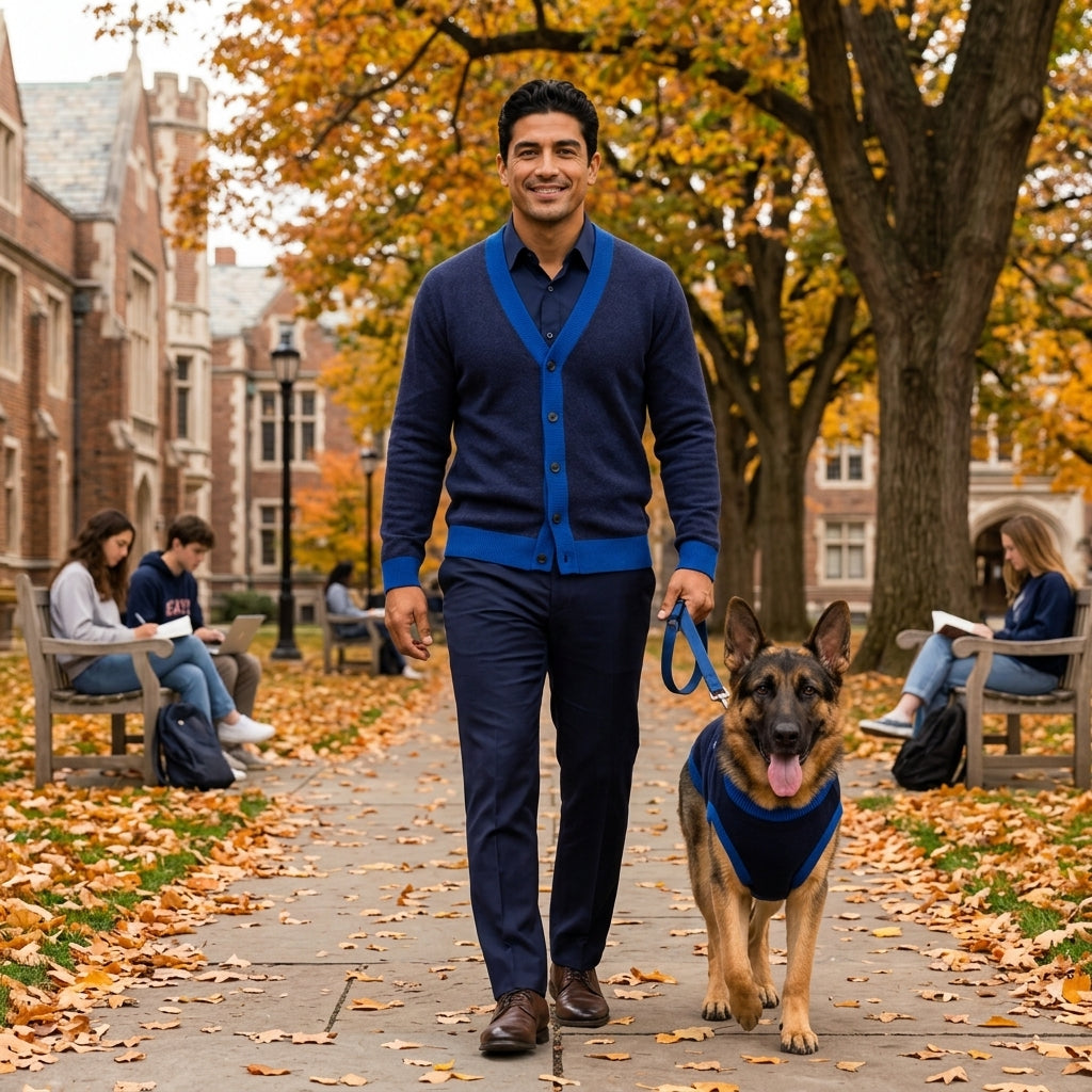 Outdoor walk scene with matching navy knit cardigan and dog sweater