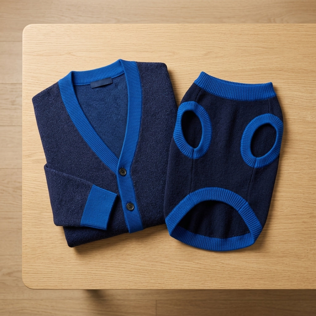 Flat lay of matching navy and Yale blue cardigan and dog knit sweater set
